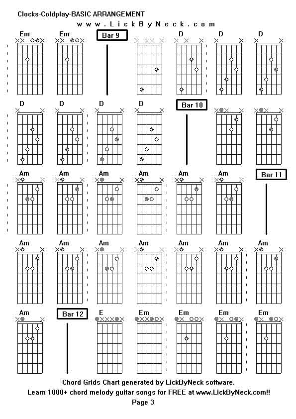 Chord Grids Chart of chord melody fingerstyle guitar song-Clocks-Coldplay-BASIC ARRANGEMENT,generated by LickByNeck software.